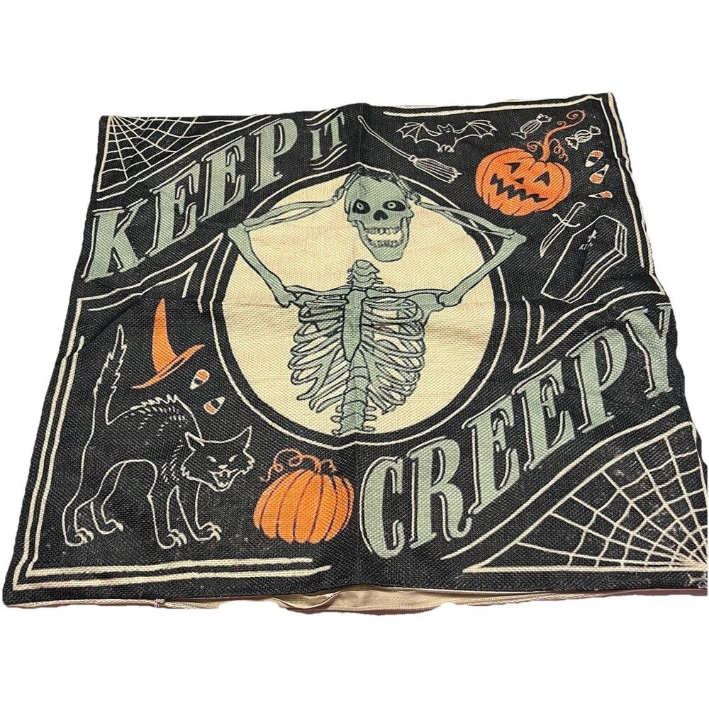 Halloween Keep It Creepy Pillow Cover Skeleton Black Cat Pumpkin Gothic Decor